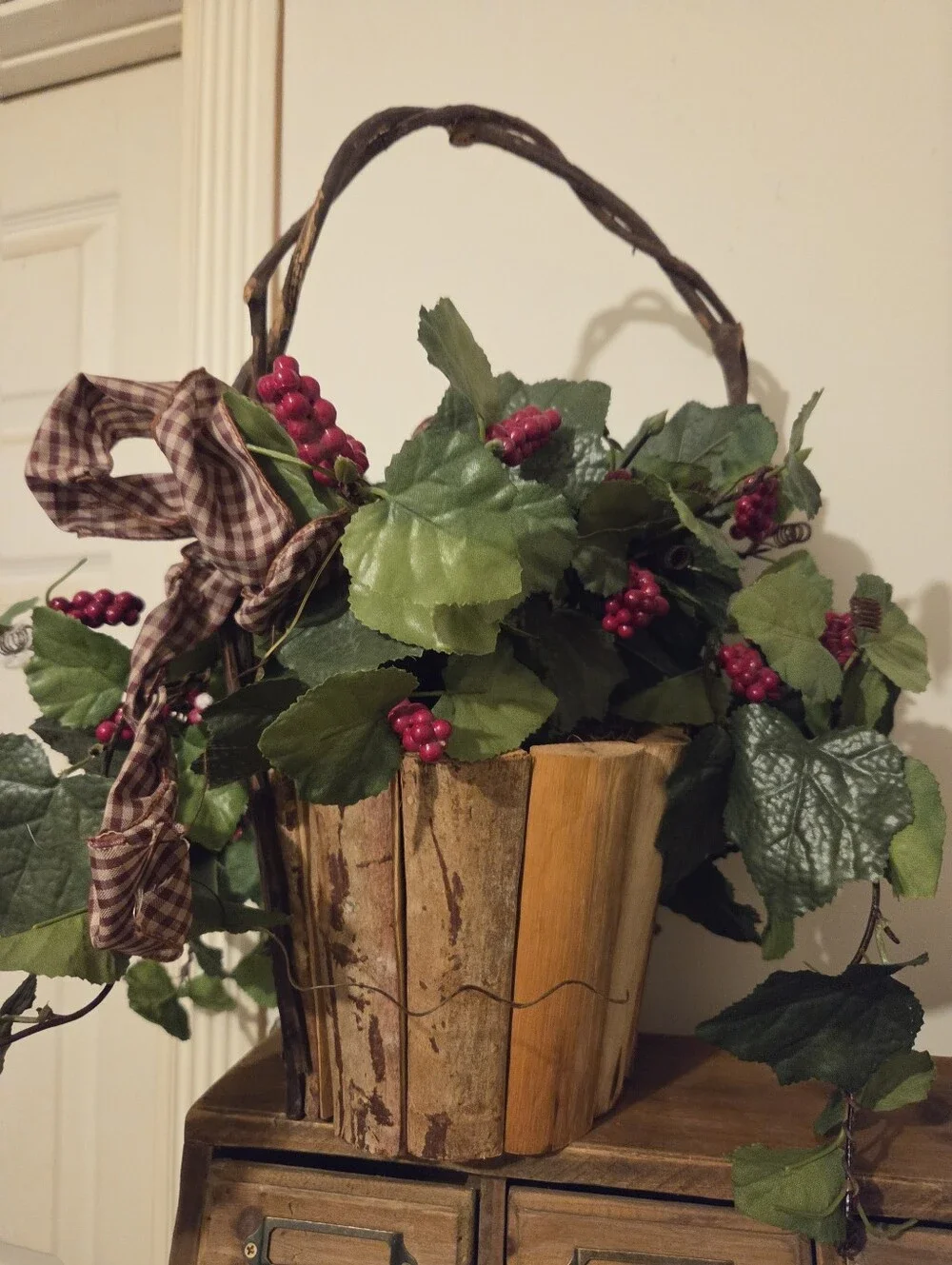 Decorative Red Berry and Greenery Basket Accent With Mini Lights BO